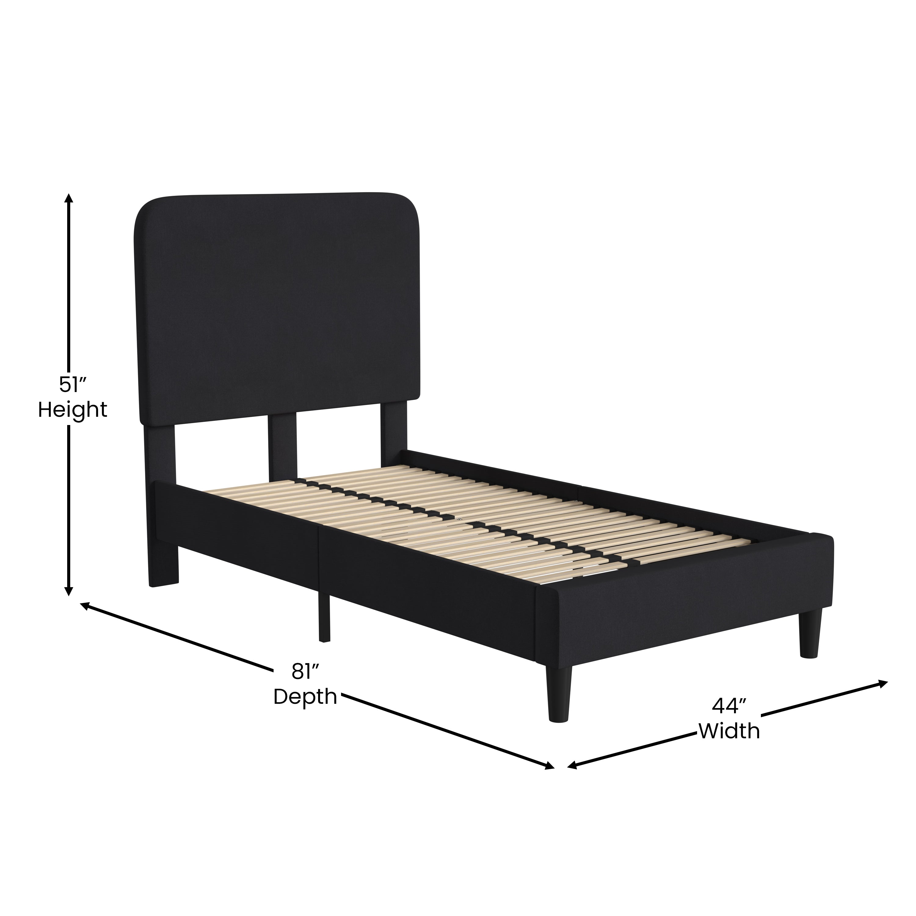 Emma + Oliver Twin Sized Fabric Upholstered Platform Bed in Charcoal Black with Curved, Slim Panel Headboard and Wooden Support Slats