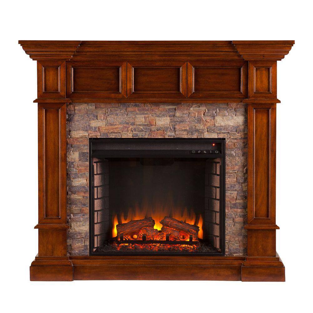 Southern Enterprises Amesbury 45.75 in. W Faux Stone Corner Electric Fireplace in Buckeye Oak HD90565