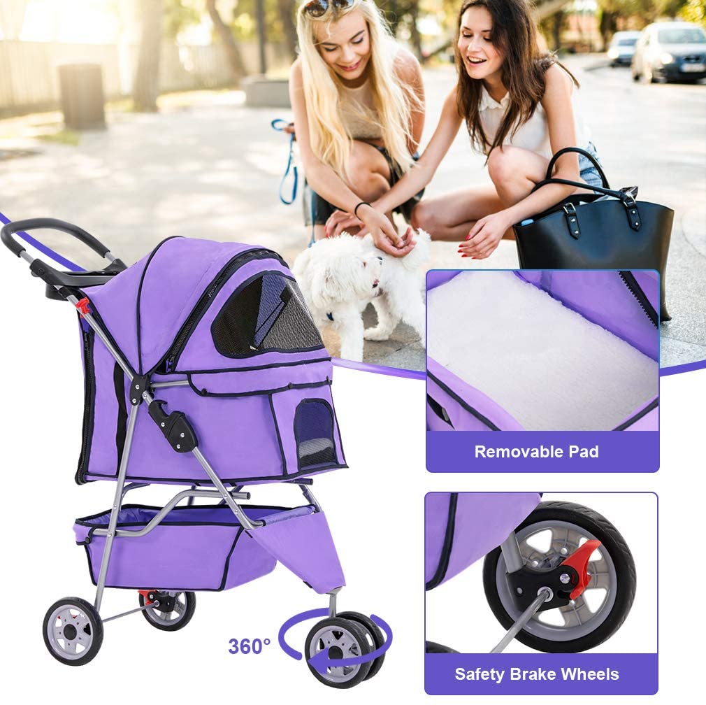 Purple Pet Stroller Cat Dog Cage 3 Wheels Stroller Travel Folding Carrier T13