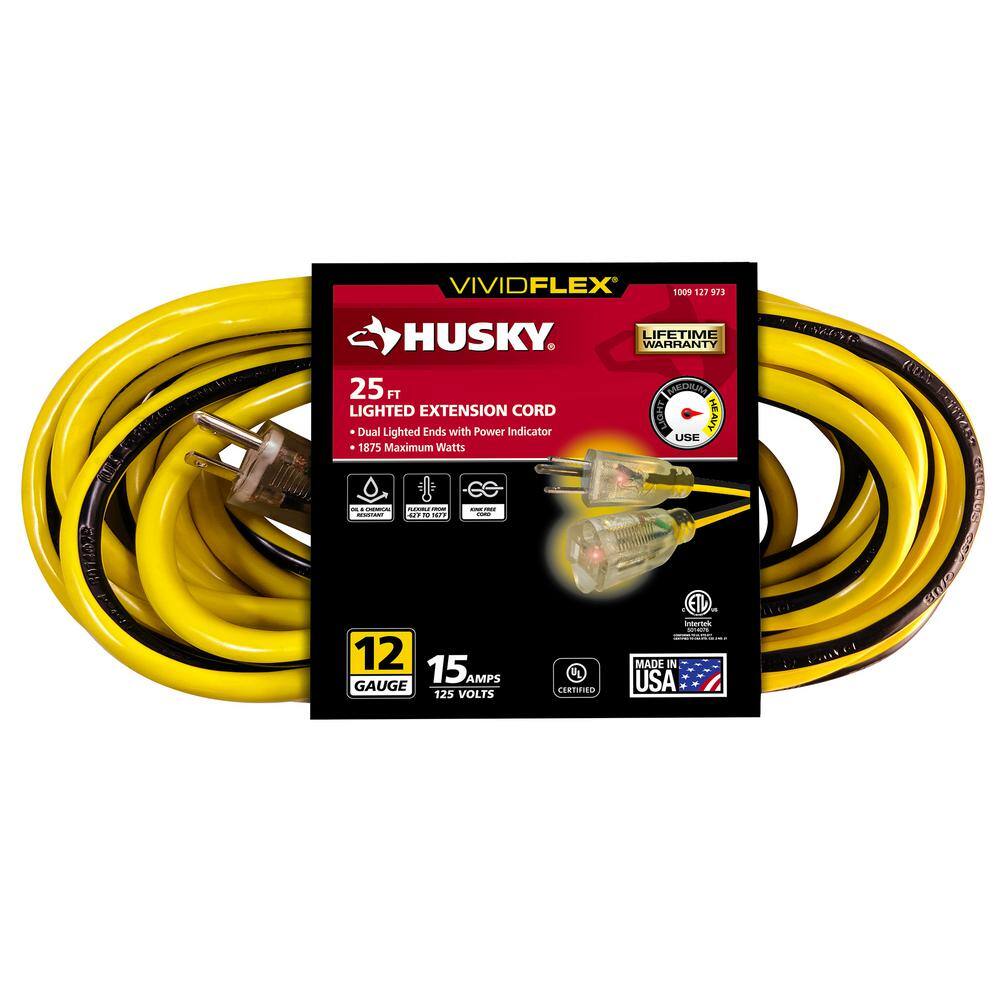 Husky VividFlex 25 ft. 123 Heavy Duty IndoorOutdoor Extension Cord with Lighted End Yellow 24025HY