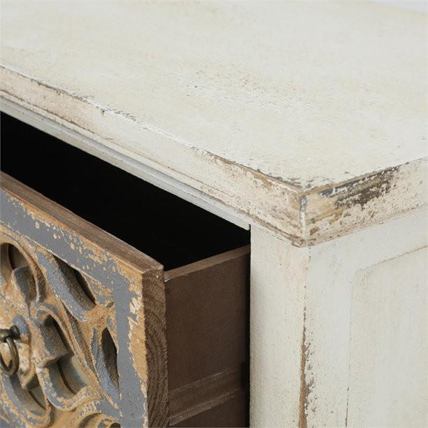 Rustic End Table  3 Drawers With Carved Front  ampGlass Insert  Off White/Natural   French Country   Side Tables And End Tables   by Decor Love  Houzz