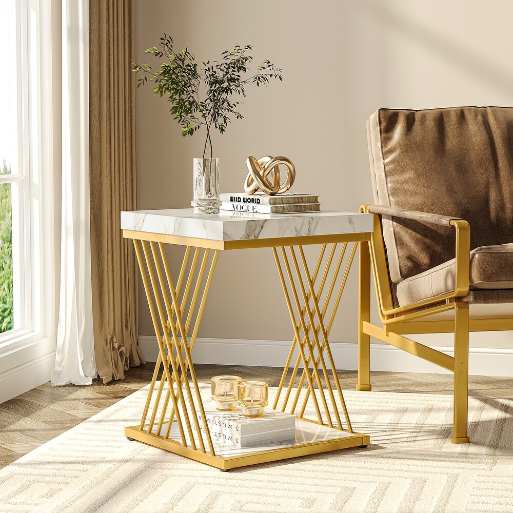 Faux Marble White and Gold Square Side Table End Table