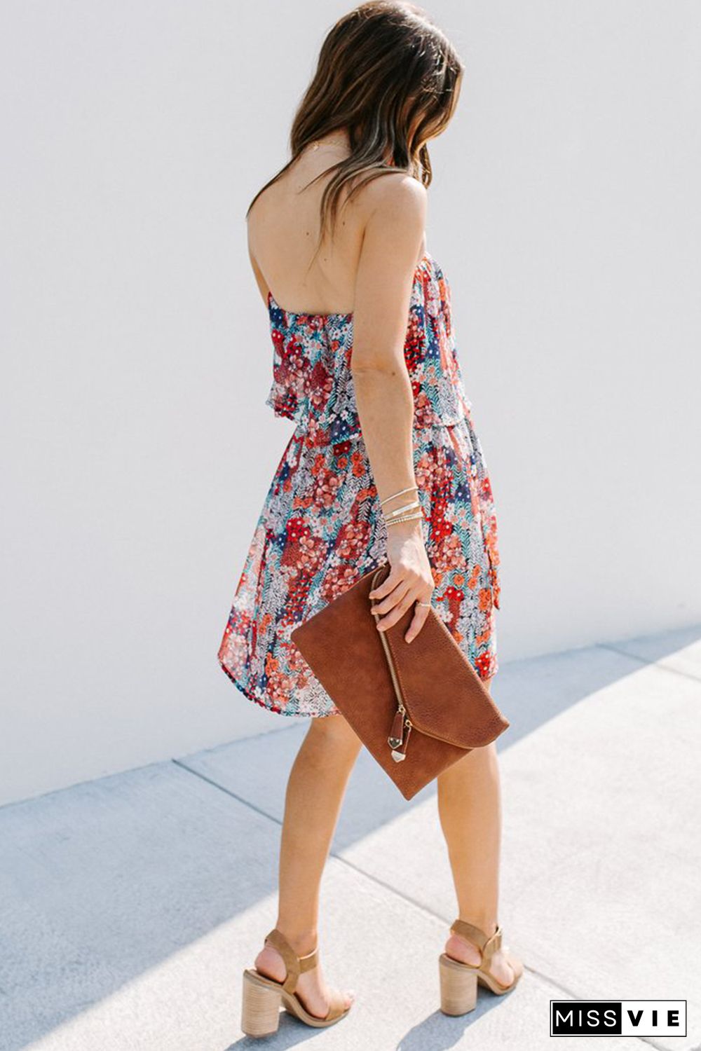 Red Floral Print Tiered Ruffled Bandeau Mini Dress