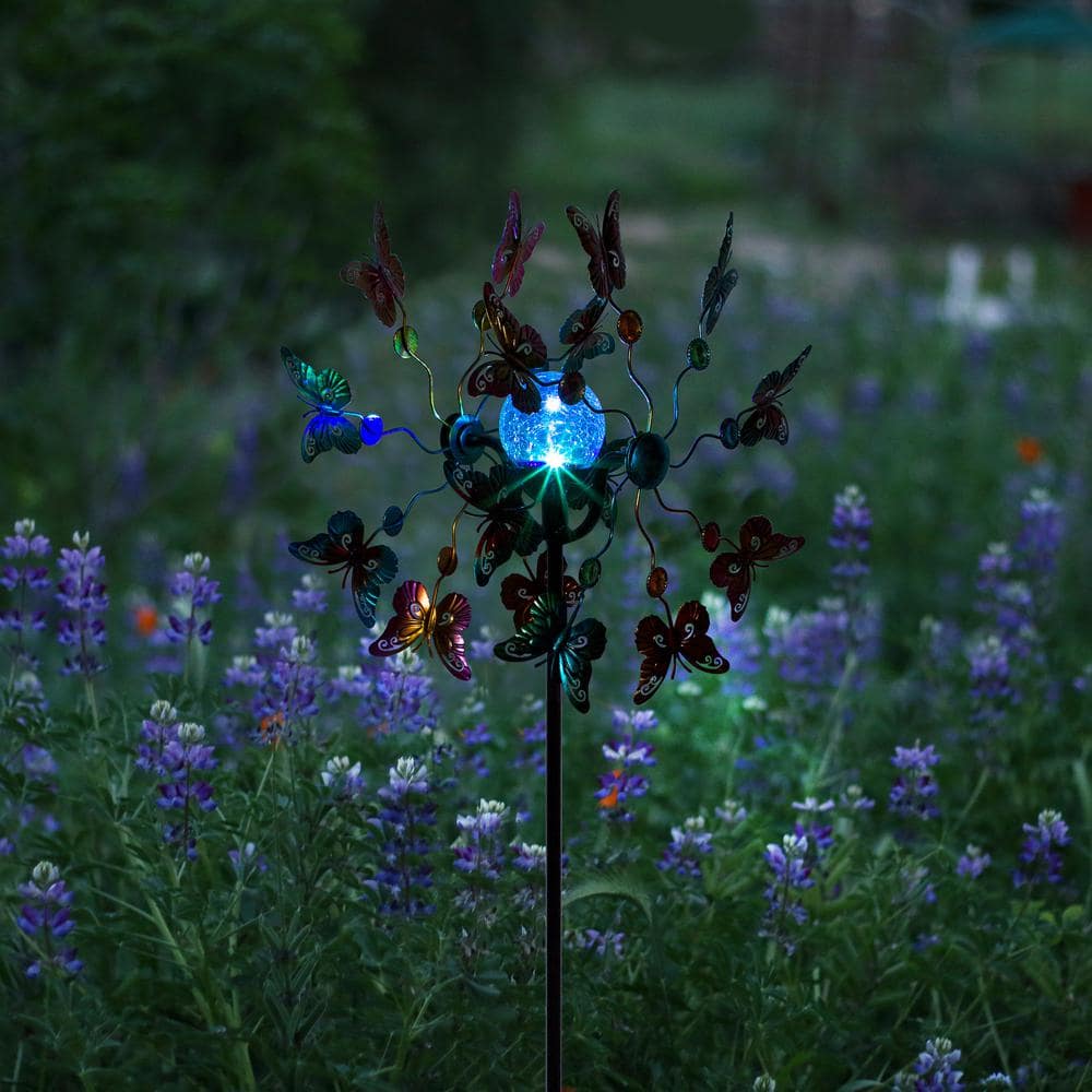 Alpine Corporation 61 in. H Outdoor Solar Butterfly Iron Wind Spinner Lawn Stake with Color-Changing LED Light QLP1496SLR-CC