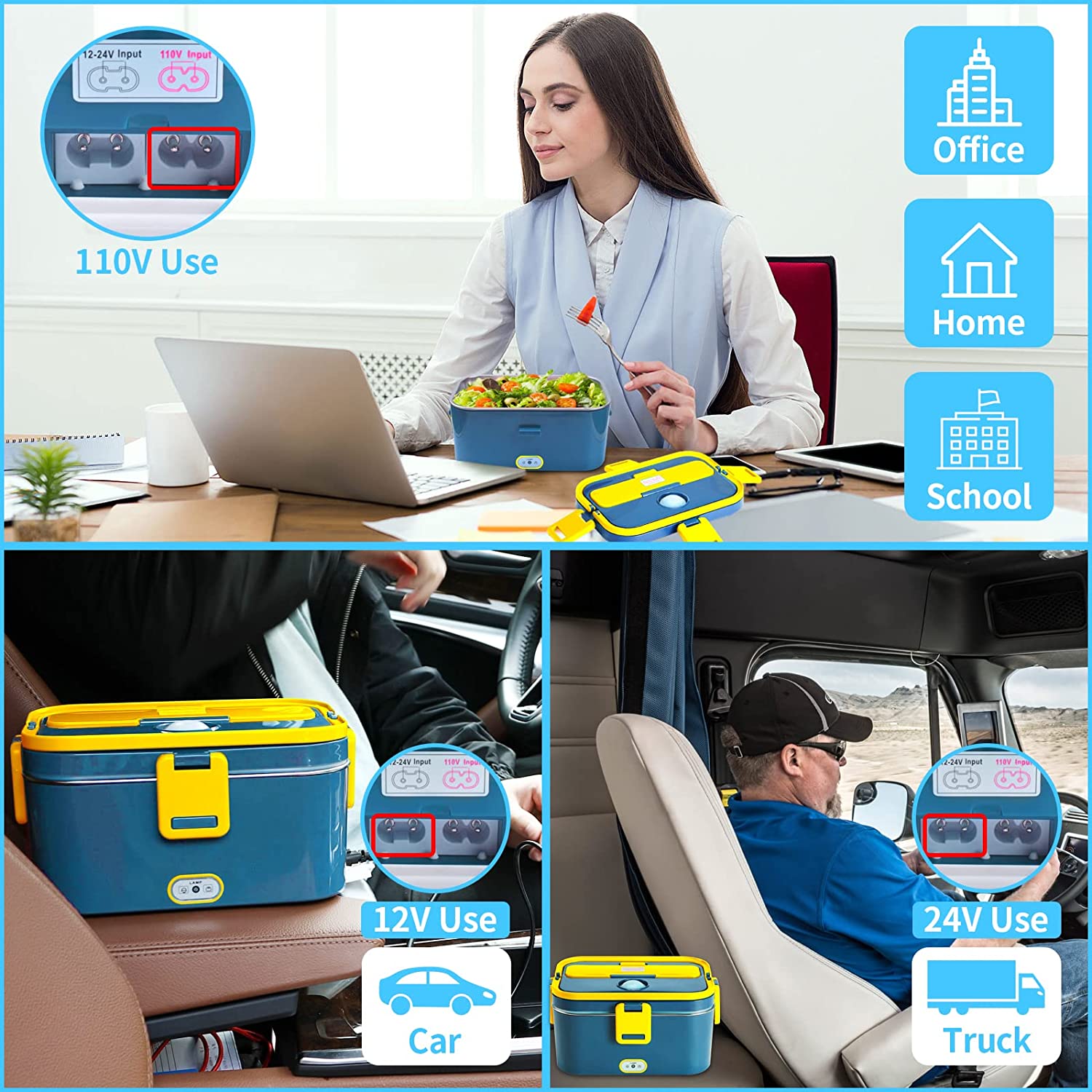 Electric Lunch Box 75W Food Heated 12V 24V 110V Portable Food Warmer Heater for Car/Truck/Home Self Heating Box with 1.8L 304 Stainless Steel Container 0.45L Compartment