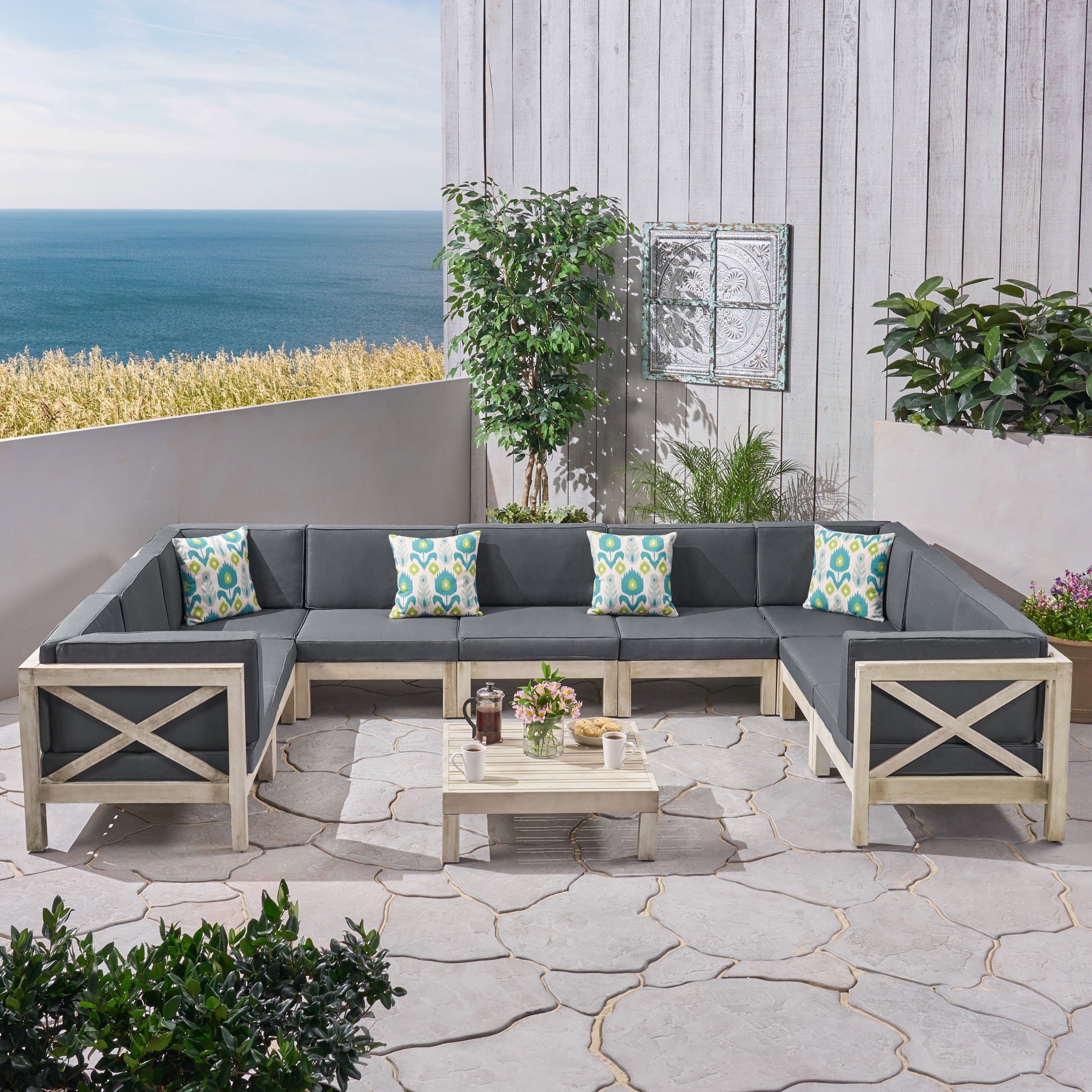 Olivia Outdoor 9 Seater Acacia Wood Sectional Sofa Set, Weathered Finish and Dark Gray