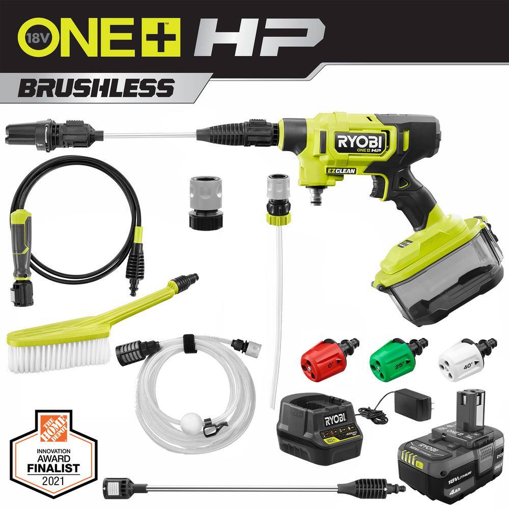 RYOBI ONE+ HP 18-Volt Brushless EZClean 600 PSI 0.7 GPM Cordless Electric Power Cleaner w 4.0Ah Battery Charger Accessories RY121860K