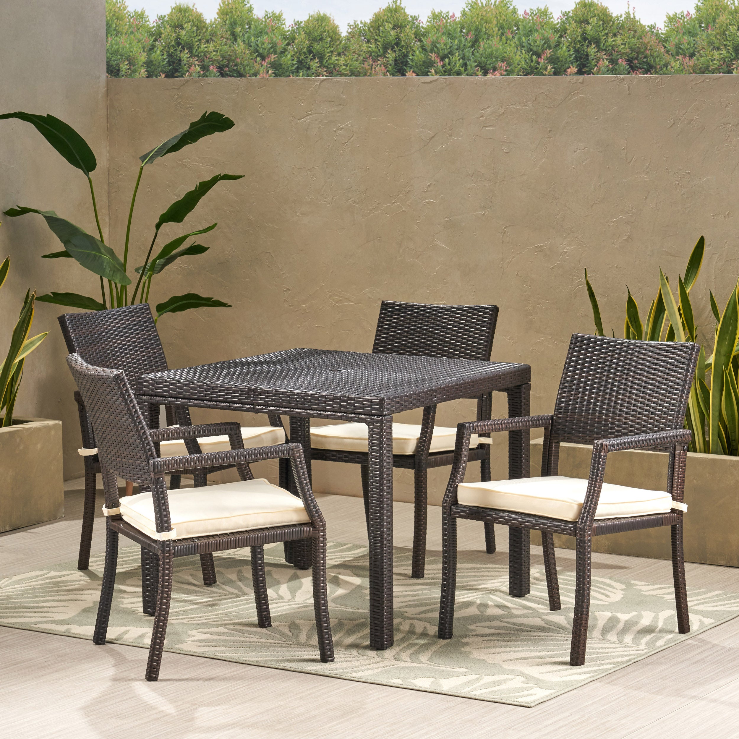 Edene Outdoor 5 Piece Multibrown Wicker Rectangular Dining Set