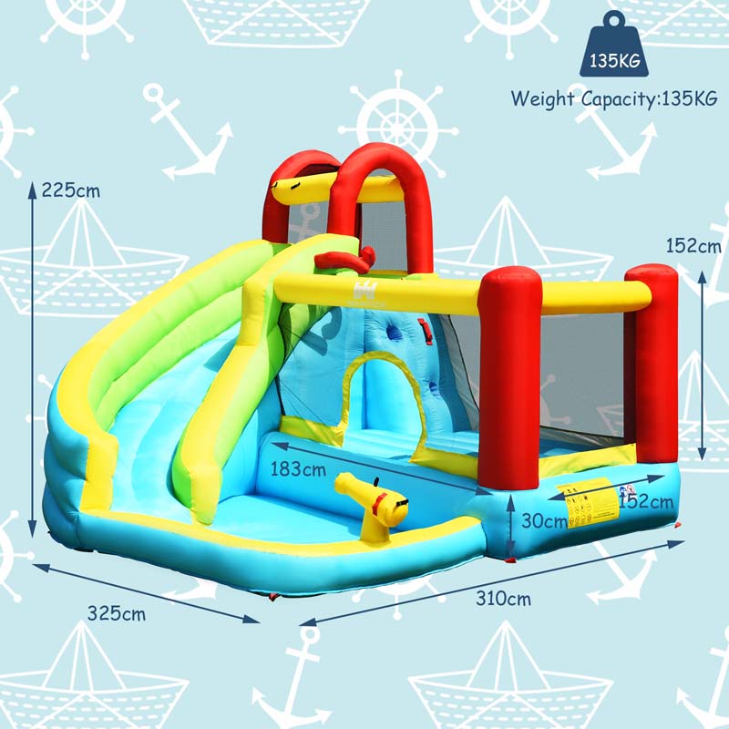 6-in-1 Kids Inflatable Bounce House Water Park with Trampoline, Splash Pool, Climbing Wall, Water Slide & Gun, Basketball Rim