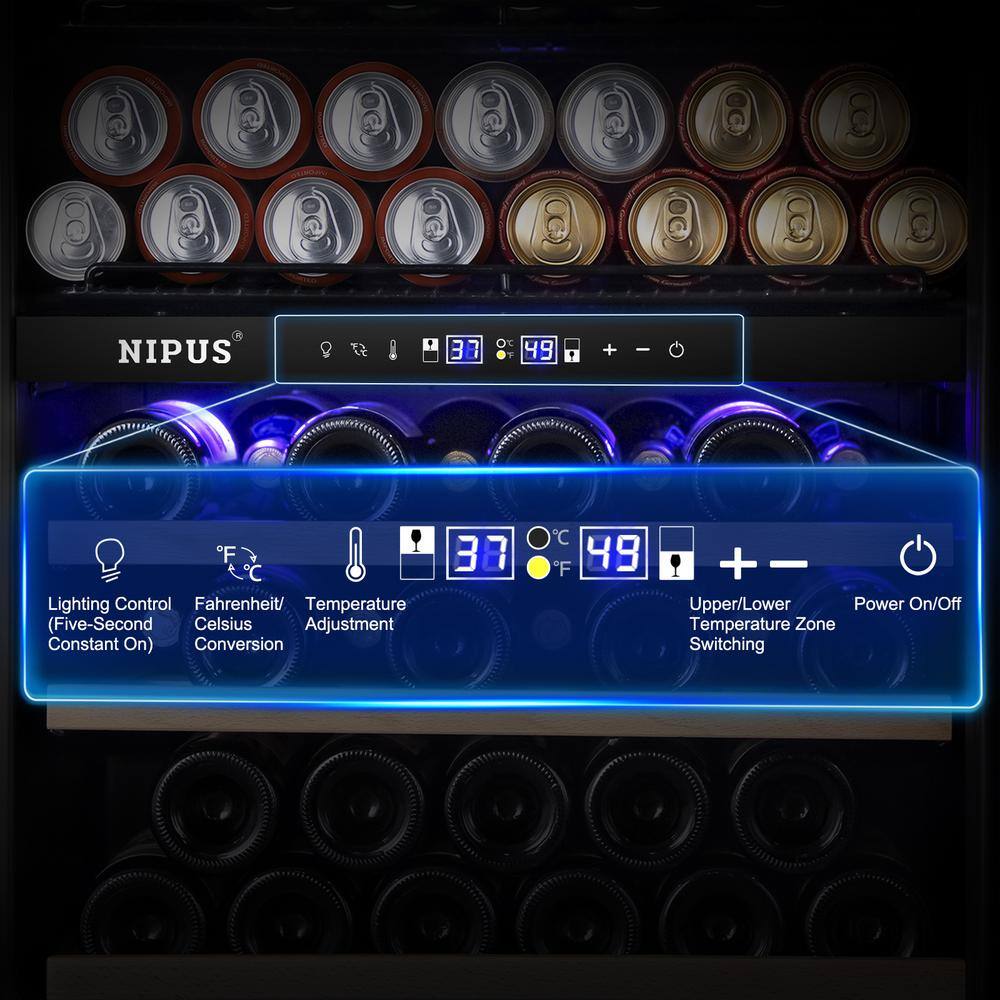 Nipus 24 in. Dual Zone Upper and Lower 27-Wine Bottles and 94-Cans Beverage  Wine Cooler in Silver Built-in and Freestanding NPDUAL03