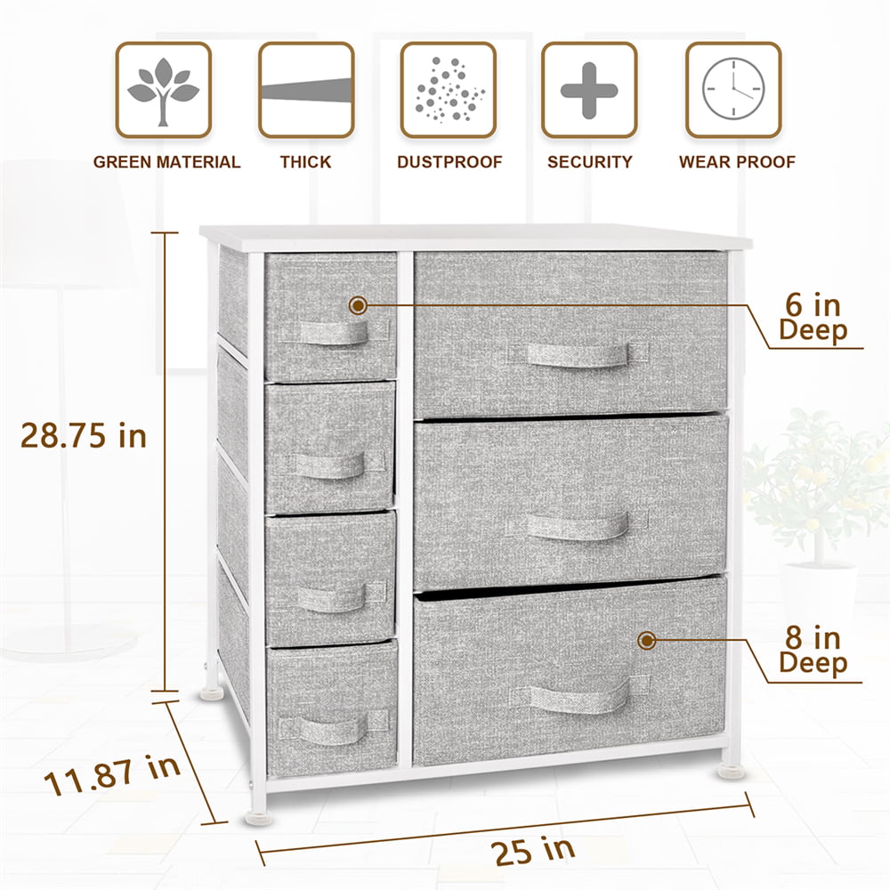 Bigroof Storage Organizer 7 Drawers for Bedroom Fabric Steel Frame Wood Top Light Gray