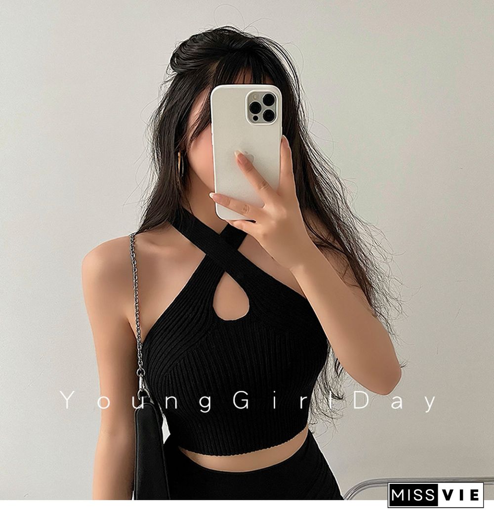 Women Summer Knitted Top Female Camisoles Solid Cute Crop Tops Women Camis Straps Plain Off Shoulder Crop Tops For Women