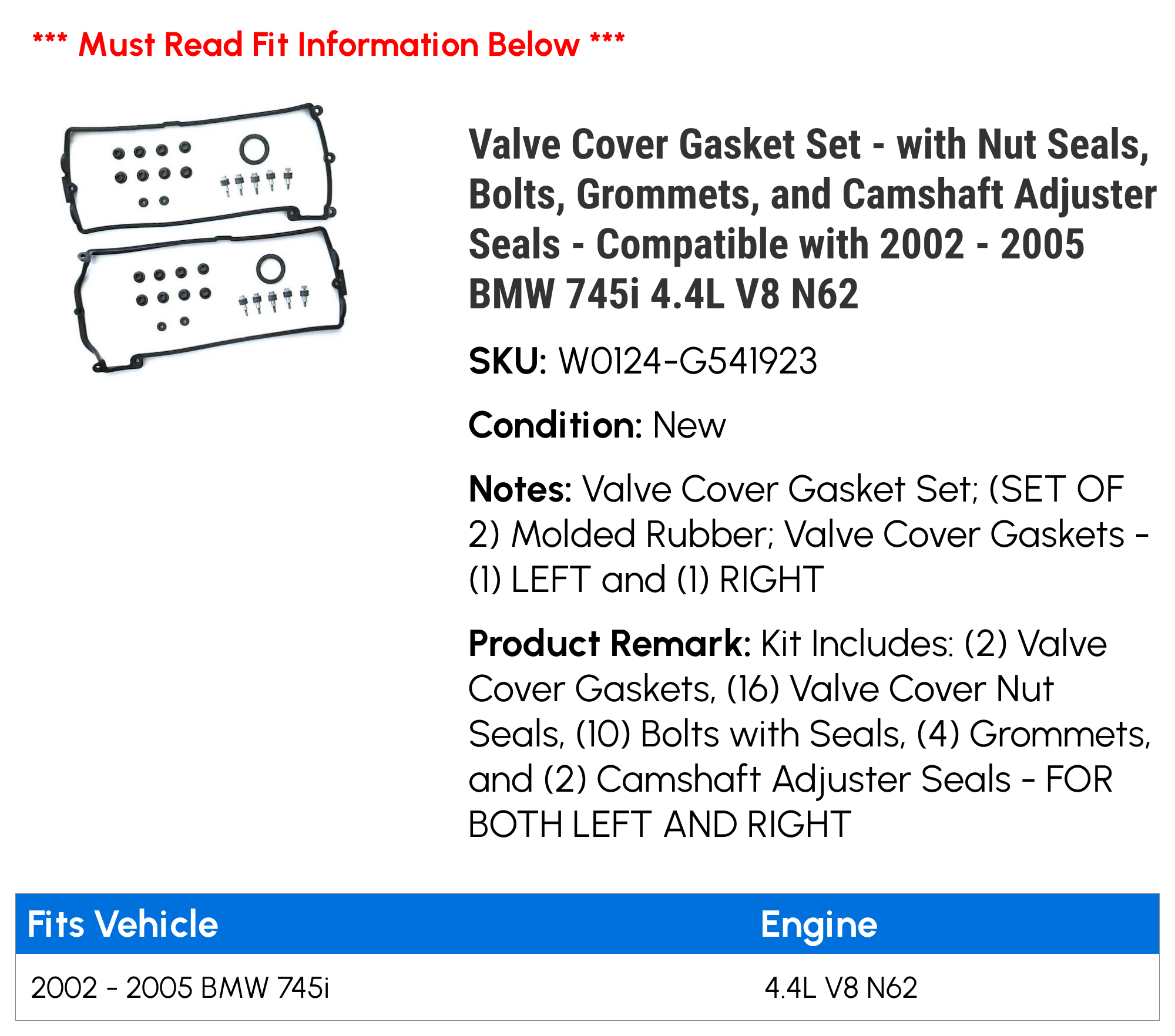 Valve Cover Gasket Set - with Nut Seals， Bolts， Grommets， and Camshaft Adjuster Seals - Compatible with 2002 - 2005 BMW 745i 4.4L V8 N62 2003 2004