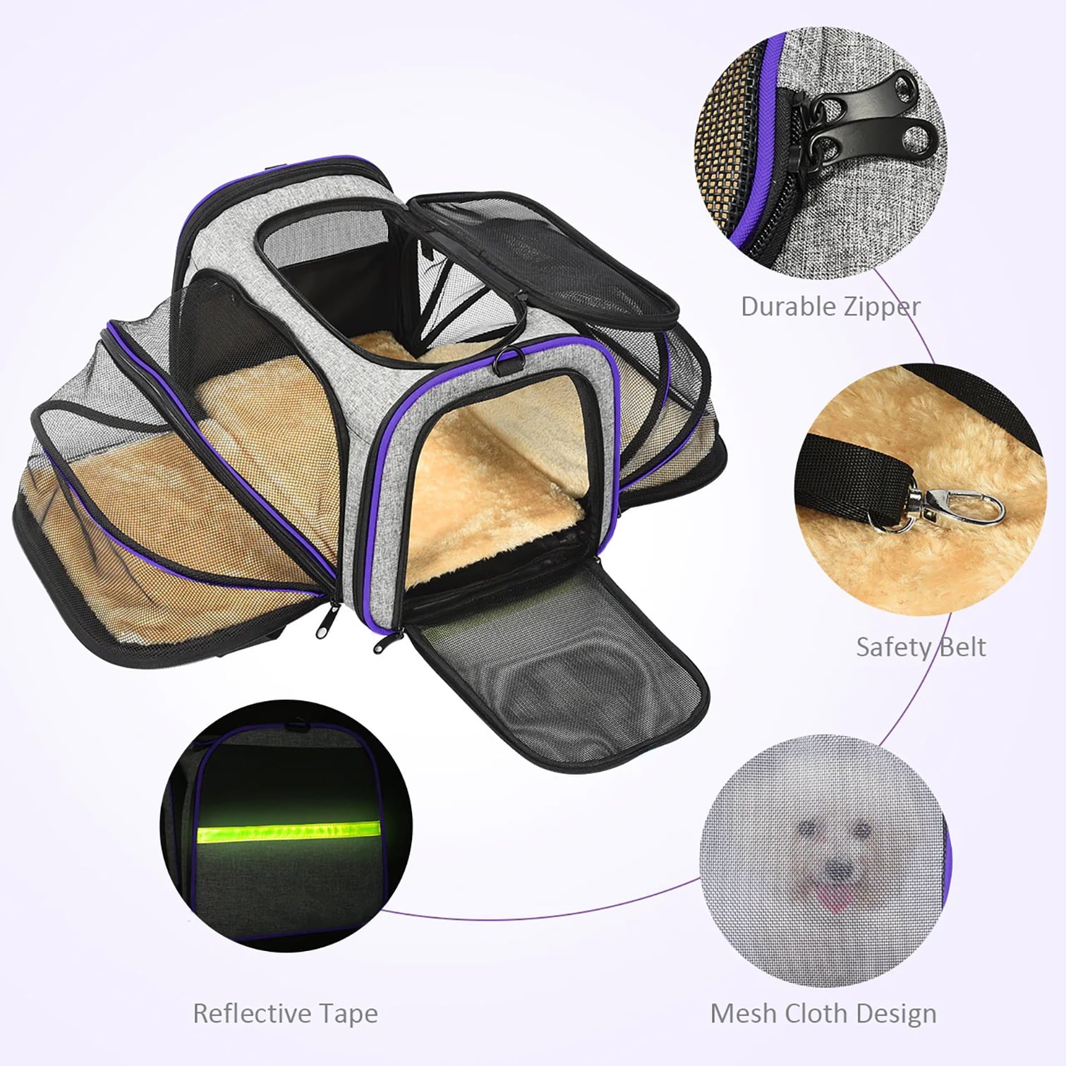 Semiocthome Expandable Foldable Pet Carrier Bag， Airline Approved，Purple