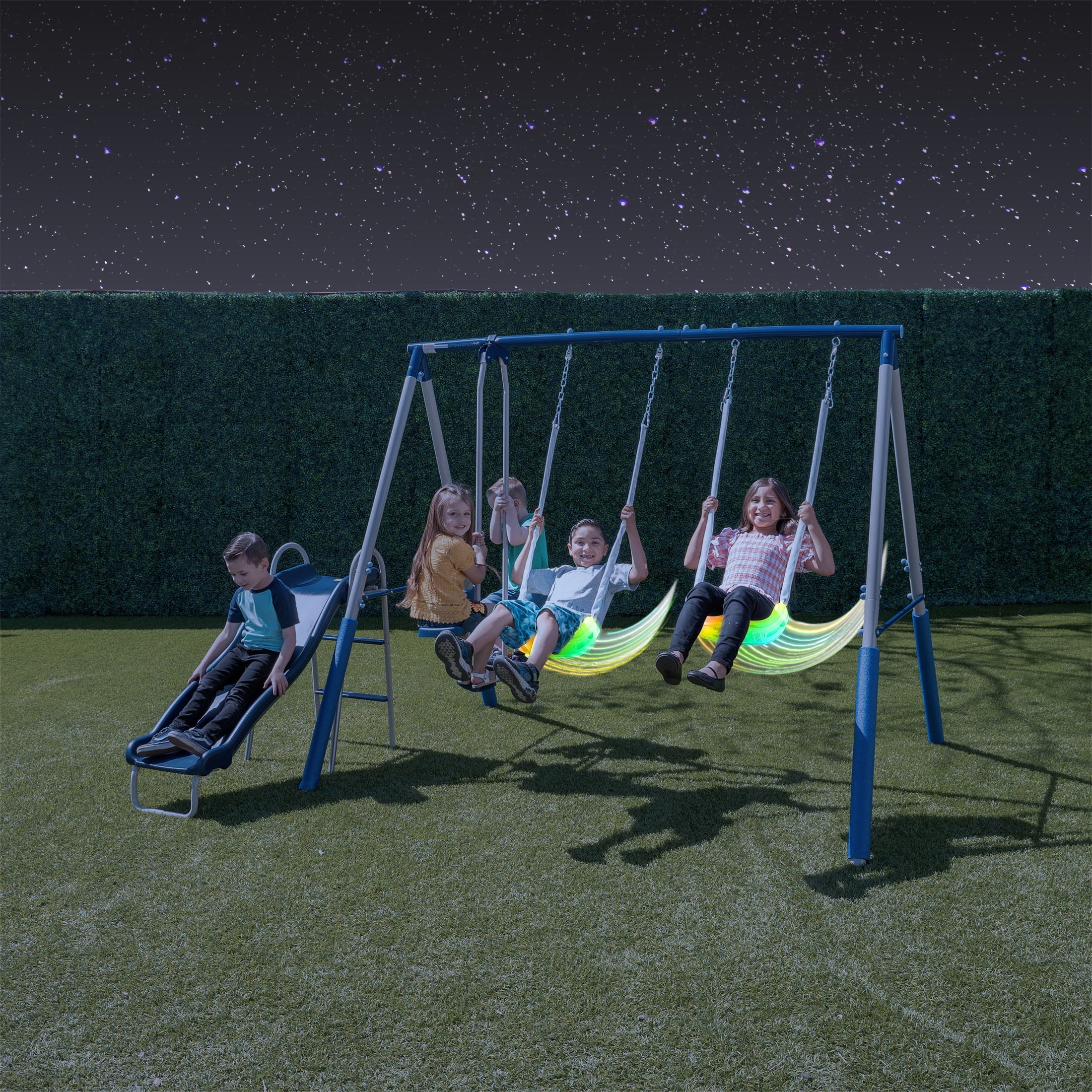 Sportspower Super Lights Metal Swing Set with LED Swing Seats， 2 Person Glider and 5-ft Slide