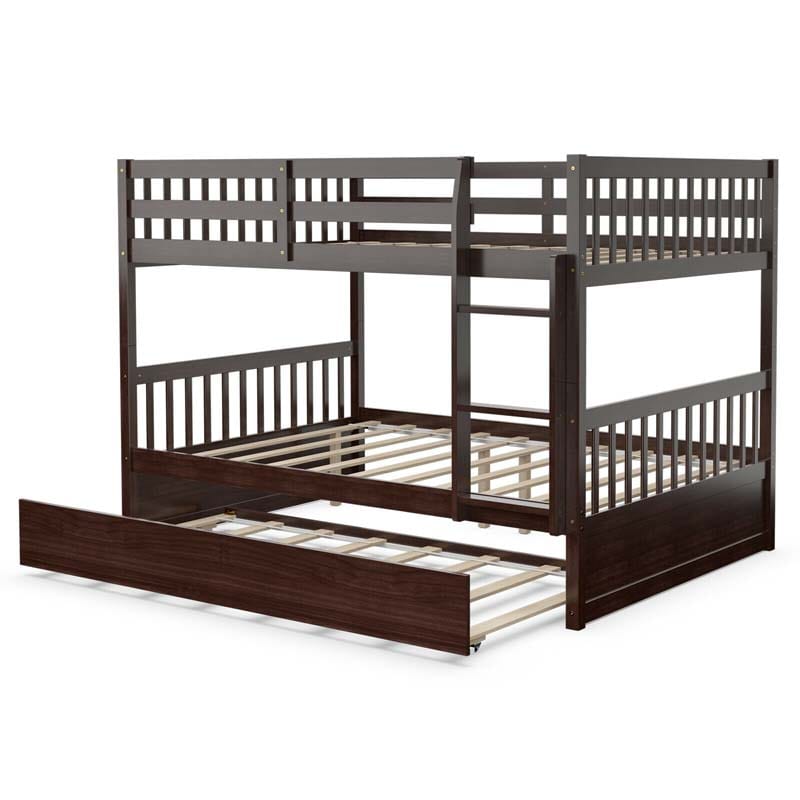 Solid Wood Full Over Full Bunk Bed Frame with Trundle, Safety Ladder & Guardrails, Convertible Bunk Bed for Kids Teens