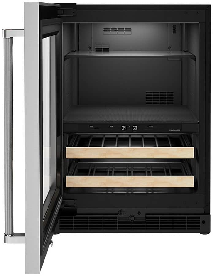 KitchenAid 24 Stainless Frame Left-Hinge Beverage Center With Glass Door And Wood-Front Racks