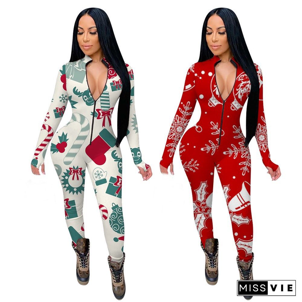 Christmas Print Long Sleeve Front Zipper Bodycon Jumpsuit