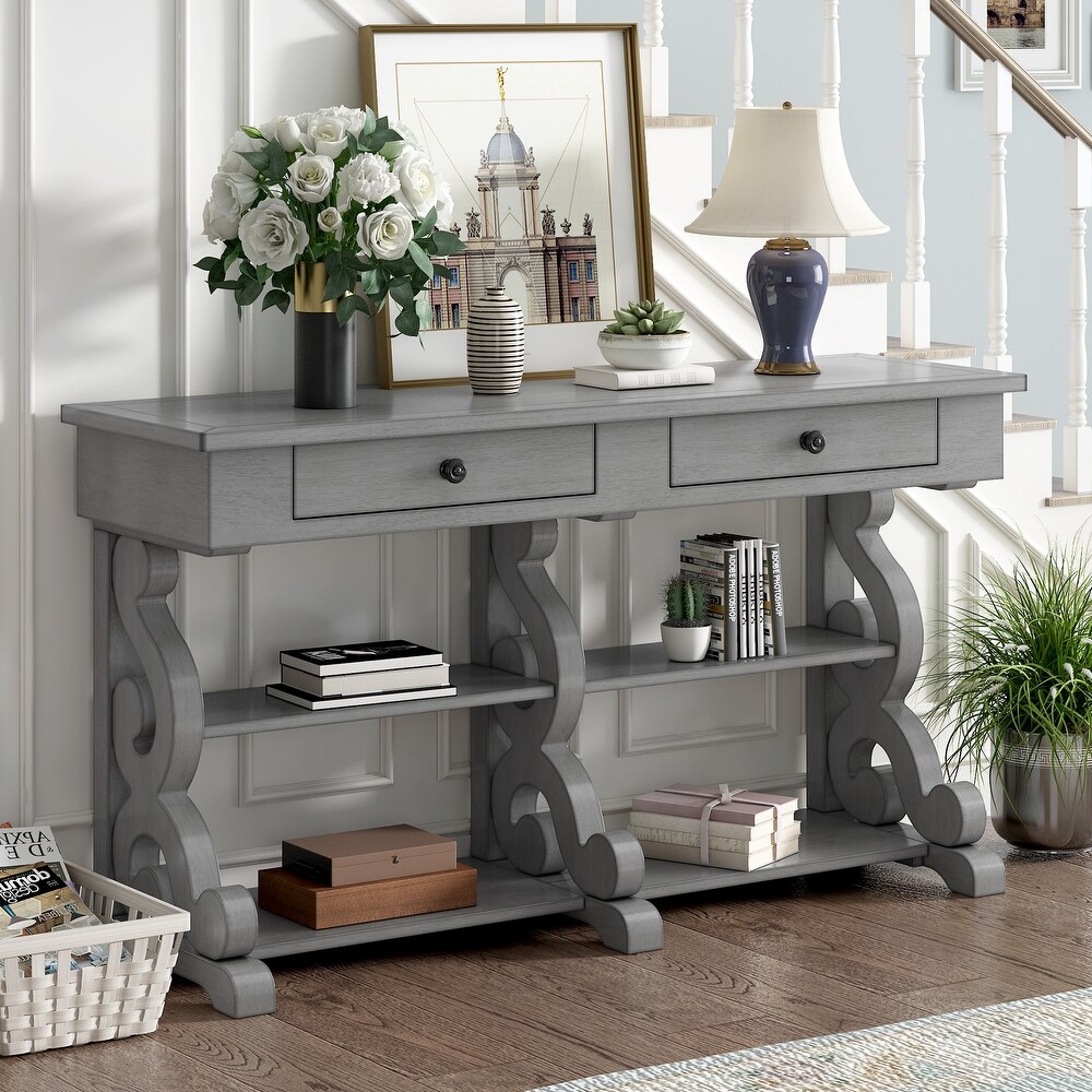 Storage Console Table with Open Shelves and Drawers for Entrance and Living Room