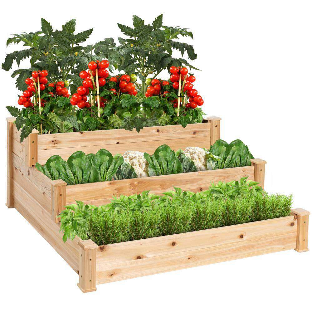 Best Choice Products 4 ft. x 4 ft. 3-Tier Wooden Raised Garden Bed Planter Kit for Plants Vegetables Outdoor Gardening - Natural SKY2375