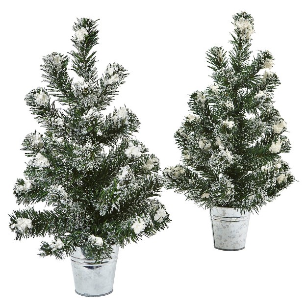 Snowy 18h Mini Pine Trees With Tin Planters (set Of 2) - Nearly Natural