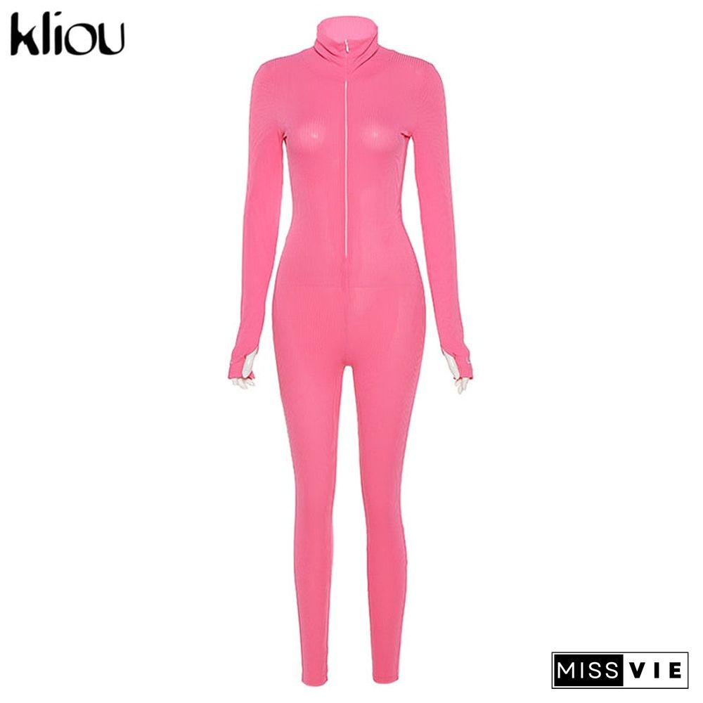 Kliou solid turtleneck full sleeve jumpsuits classic one piece women fitness slim rompers zipper long overall skinny jogger