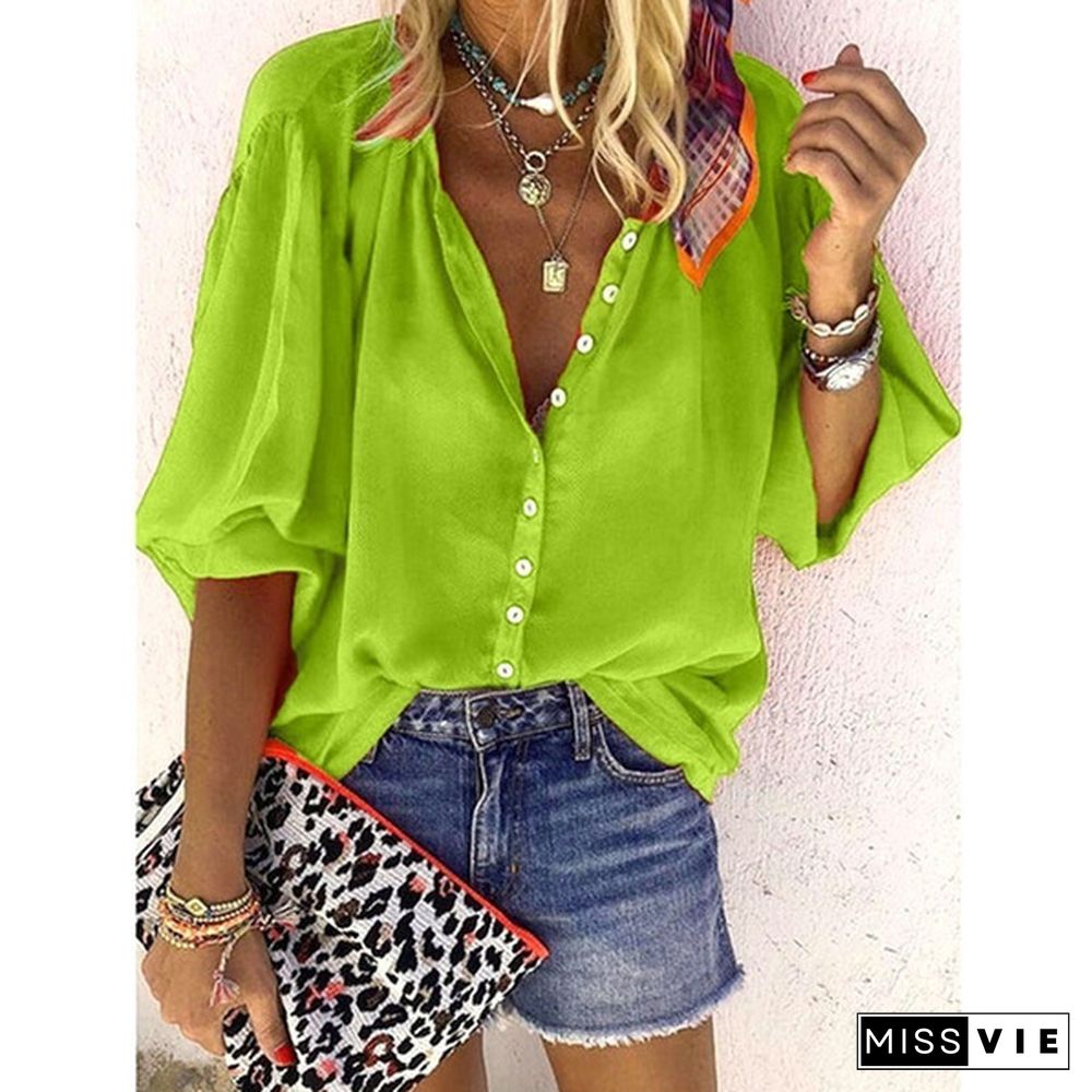 Spring Summer Tops Plus Size Fashion Clothes Women's Causal Long Sleeve Tee Shirts Solid Color Loose T-shirts Ladies Button Up Shirts Deep V-neck Pleated Chiffon Blouses XS-8XL