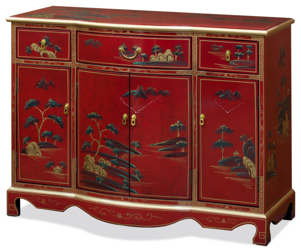 Red Lacquer Chinoiserie Scenery Motif Oriental Hall Cabinet   Asian   Accent Chests And Cabinets   by China Furniture and Arts  Houzz