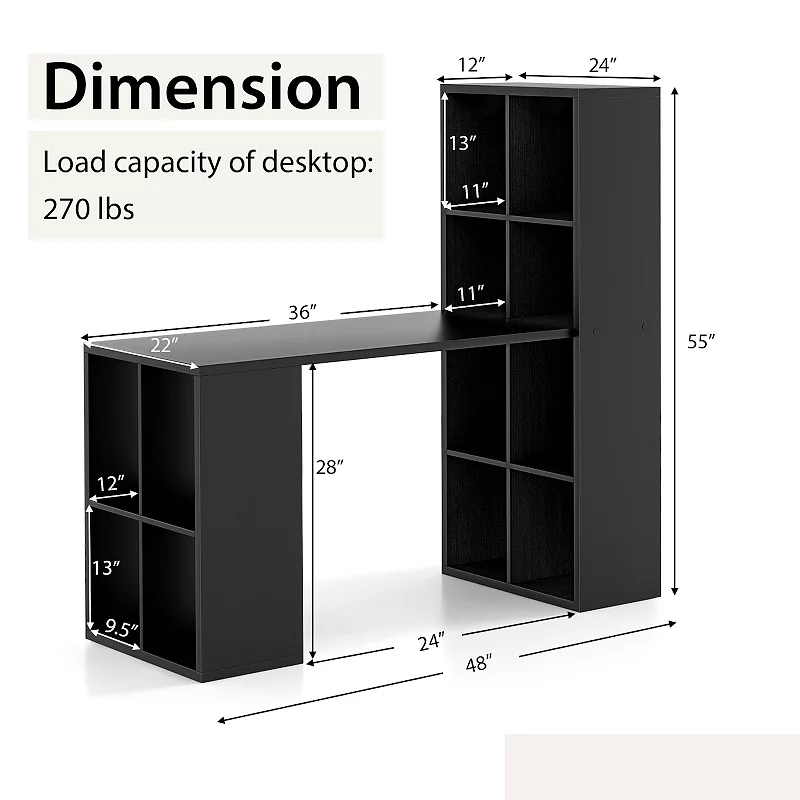 Modern Computer Desk With 12 Cubes Bookshelf-Black