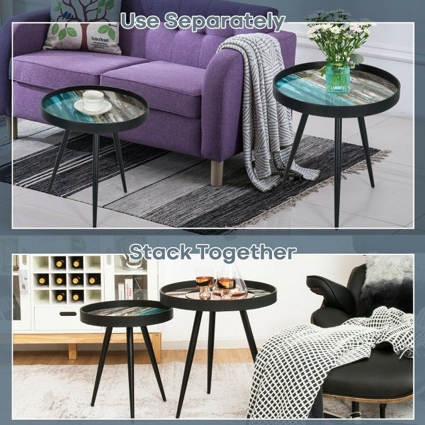 Set of 2 Stylish Nesting End Tables with Wooden Tray Top and Steel Legs-Black - 19.5(φ) x 21(H); 15.5(φ) x 17.5(H)