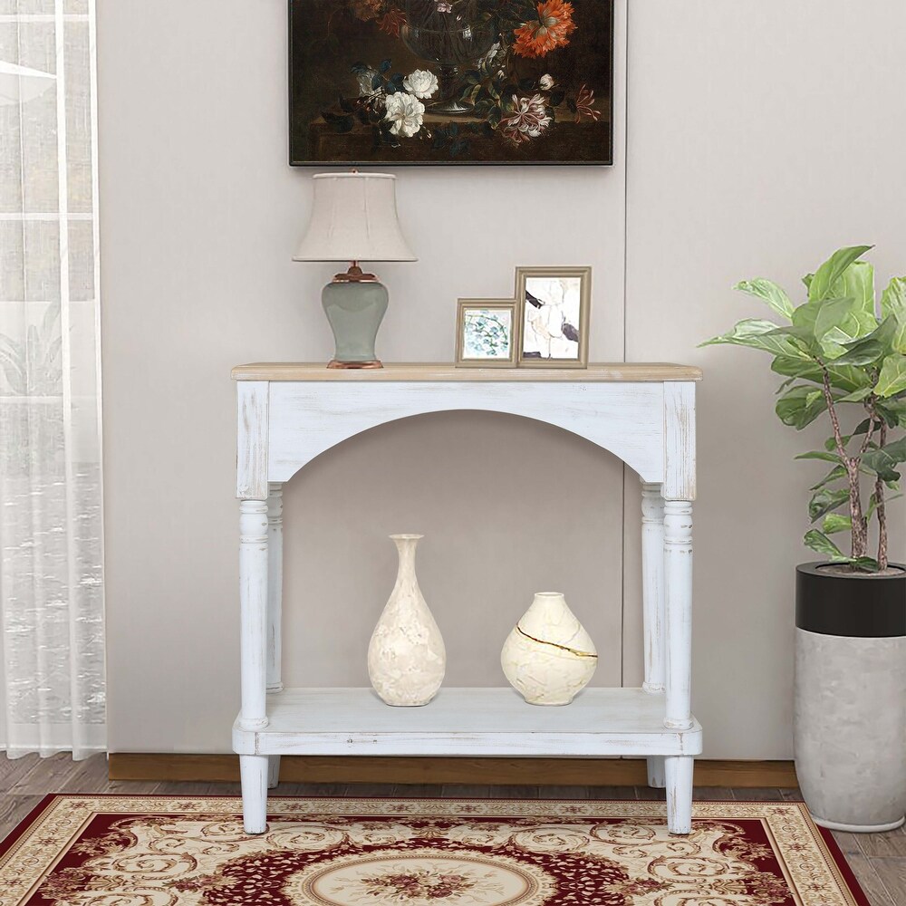 Farmhouse White and Natural Wood Rectangular Console Table  Open Shelf Storage   32.25\