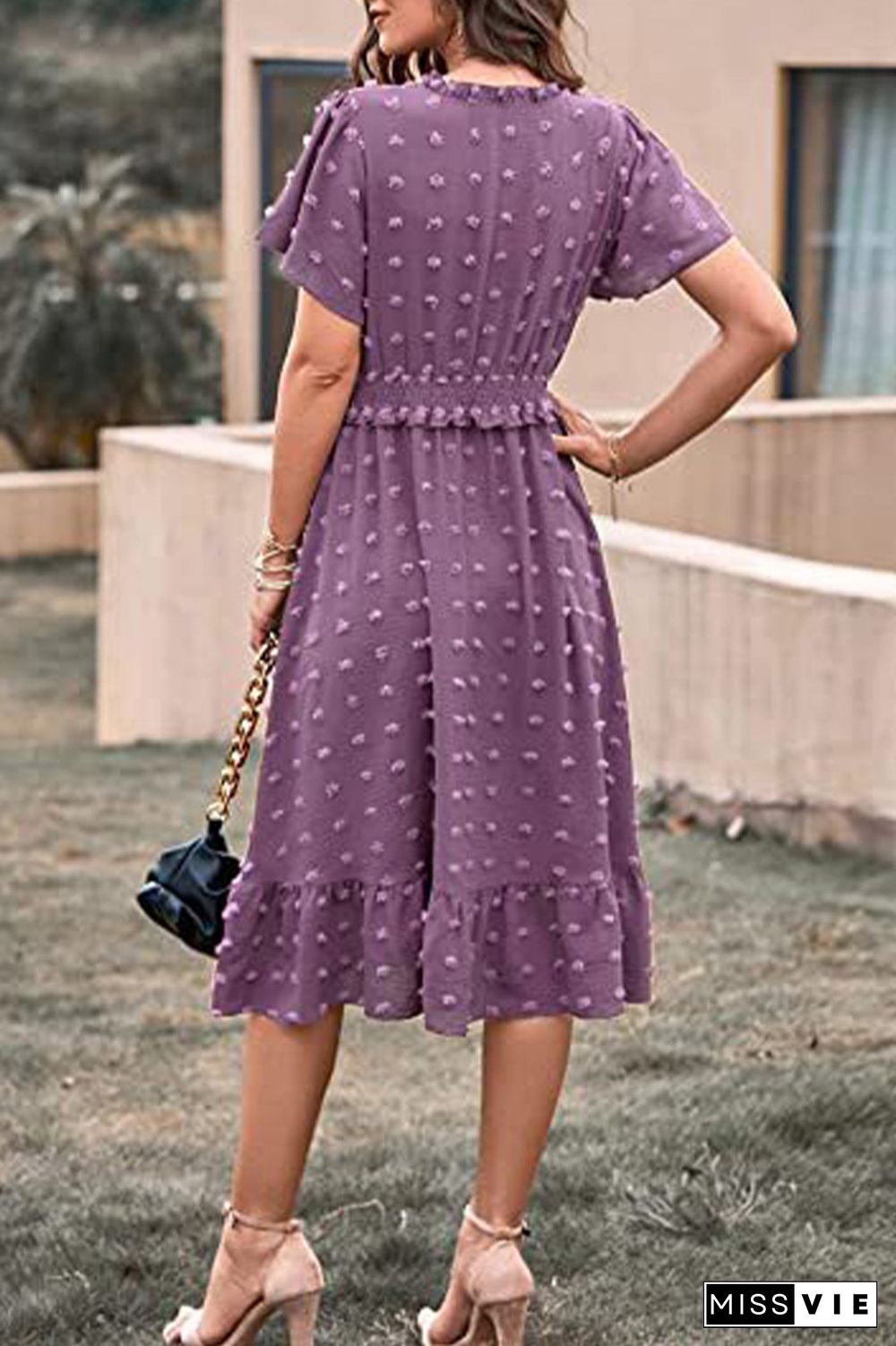 Plain Jacquard Spot V Neck Frilled Midi Dress