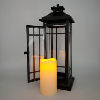 LUMABASE 17 in. Black Window Battery Operated Metal Lantern with LED Candle 88901