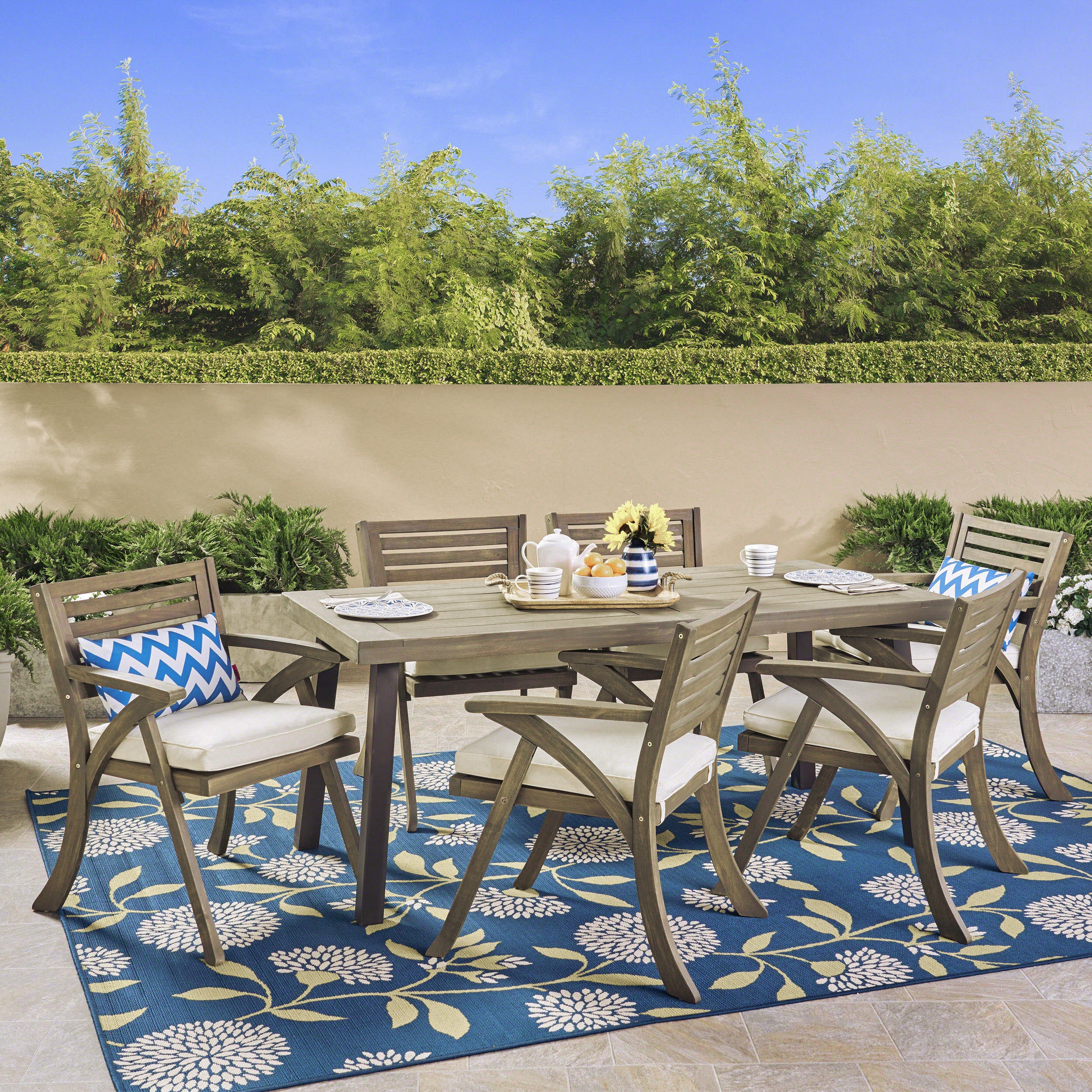 George Outdoor 7 Piece Acacia Wood Dining Set, Gray