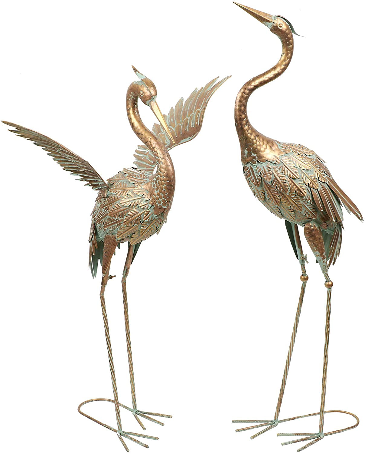 TERESA'S COLLECTIONS 33-39 inch Standing Crane Metal Garden Sculpture Set of Two Garden Statue Art Decor Bronze Distressed Indoor Outdoor for Backyard Porch Home Patio Lawn Decorations