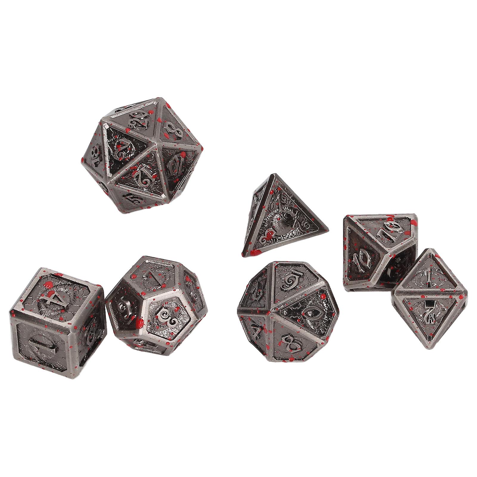 7PCS Polyhedra Metal Dices Multiple Sides Engraving Number Pattern Dice Set for Table Game Electroplated Red Spots