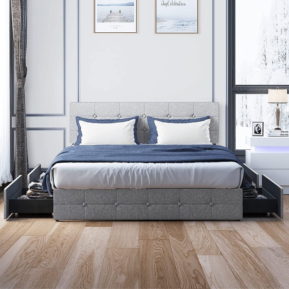 Mixoy Platform Bed Frame  Upholstered and Button Tufted Headboard Square Stitched  4 Storage Drawers