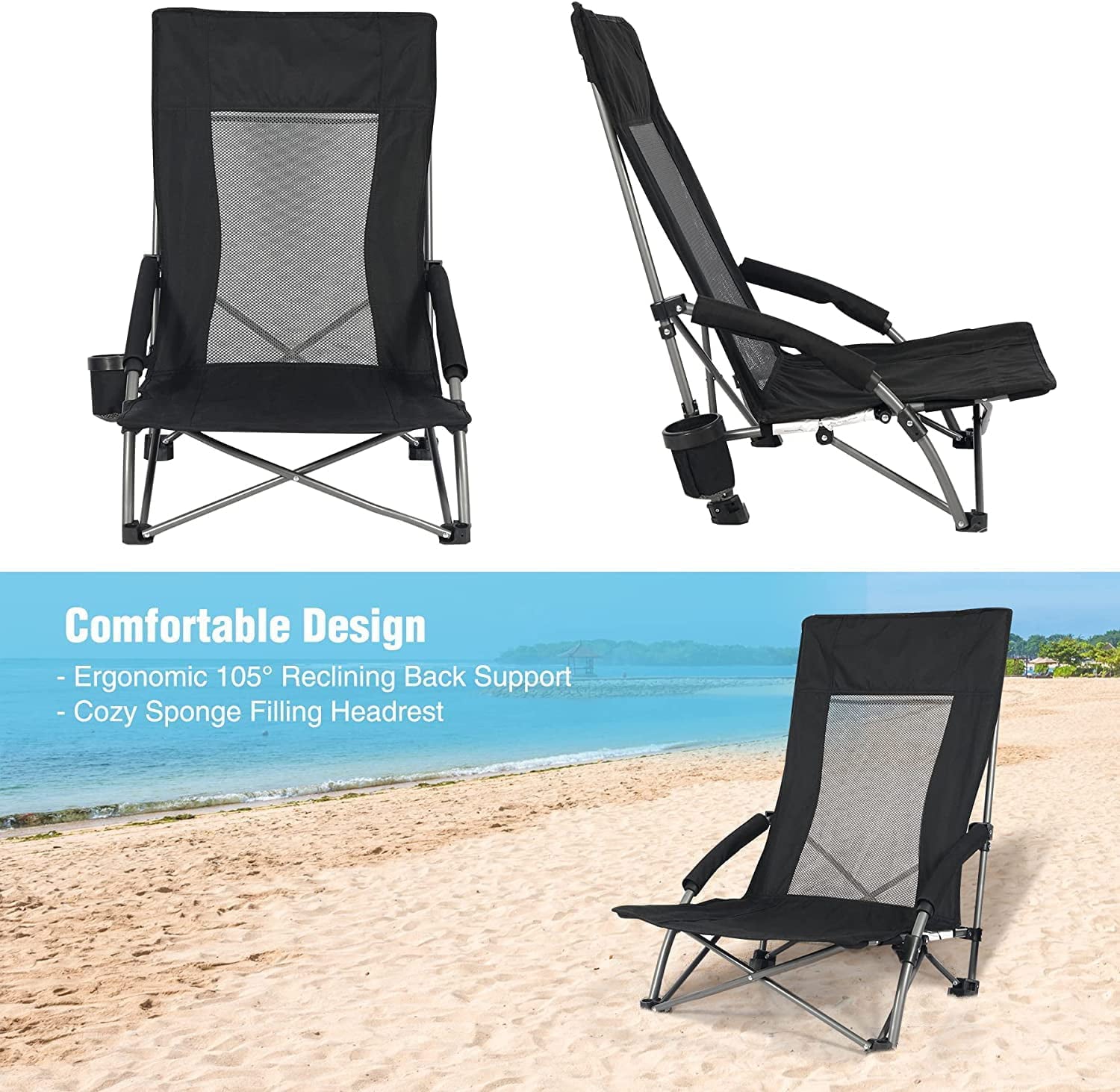 REDCAMP Folding Beach Chair High Back for Adults, Lightweight Low Sand Chair Portable for Camping Lawn Travel, Black-2 pack