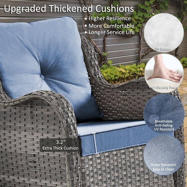 Rattan Wicker Patio Furniture Conversation Seating with 360° High Back Swivel Chairs+Storage Ottomans，Bule Cushions Included🎁