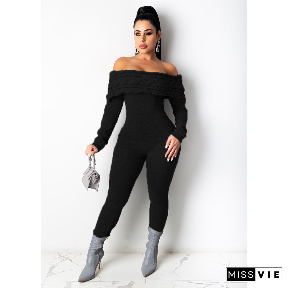 Off Shoulder Long Sleeve Knit Sweater Jumpsuit