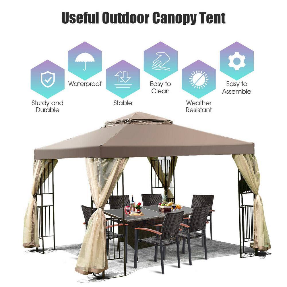 10 ft. x 10 ft. Brown Awning Patio Screw-free Structure Canopy Tent WF-OP3278