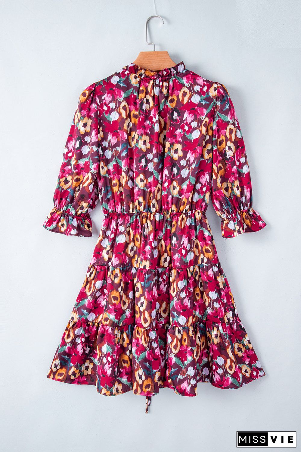 Rose Red Floral Print Tiered Ruffled Half Sleeve V Neck Dress