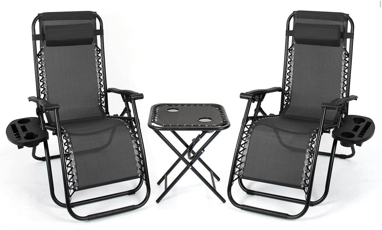 Lacoo Zero Gravity Chair Set with Table and Cup Holders Adjustable Lounge Chair for Poolside, Yard and Patio, Black