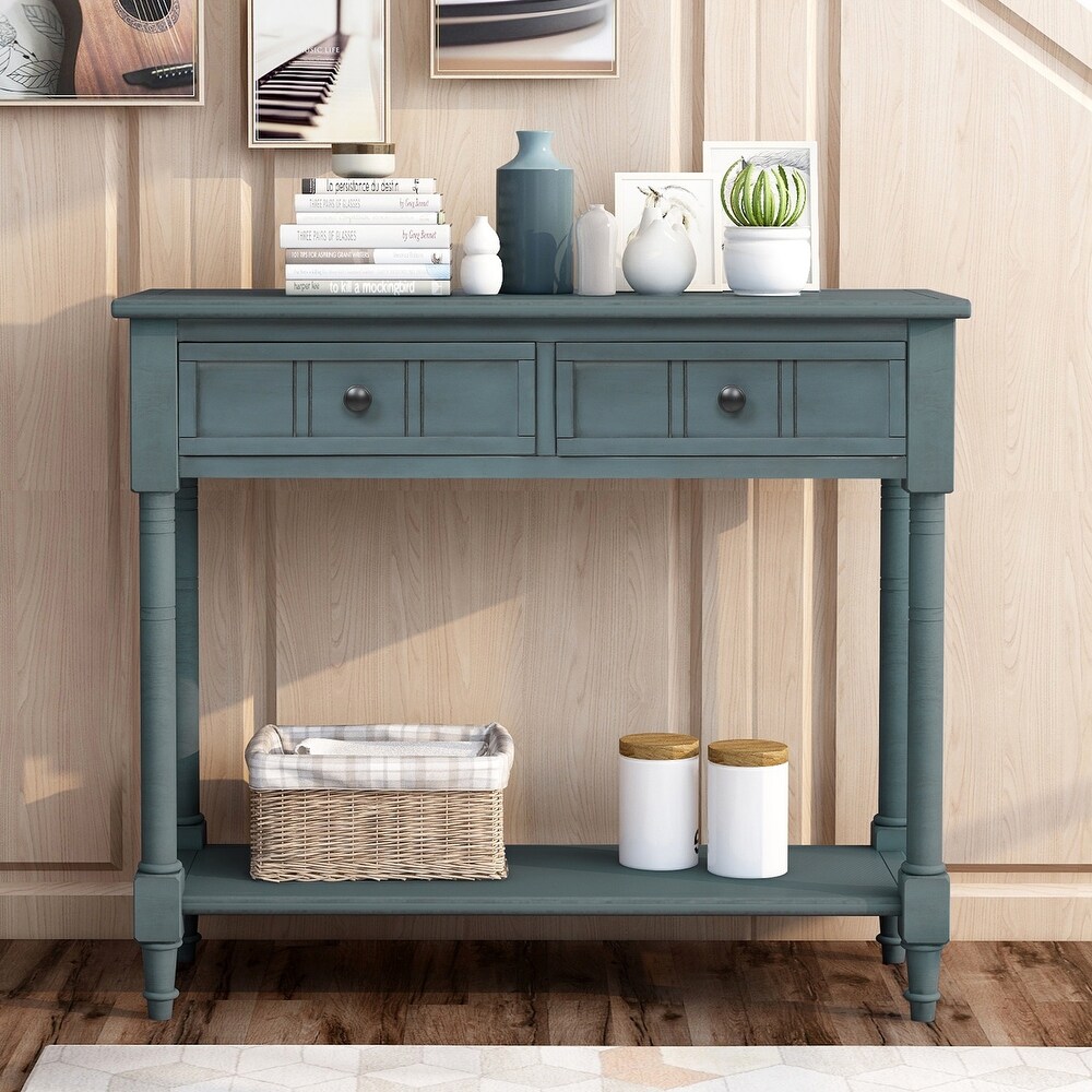 Traditional Design Console Table with Two Drawers and Bottom Shelf