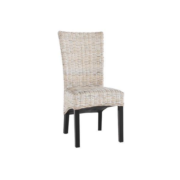 19 Inch Dining Side Chair， Woven Wicker， Wood， Set of 2， Off White， Black