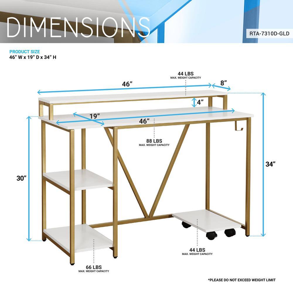 TECHNI MOBILI 46 in. W Gold Industrial Writing Desk RTA-7310D-GLD