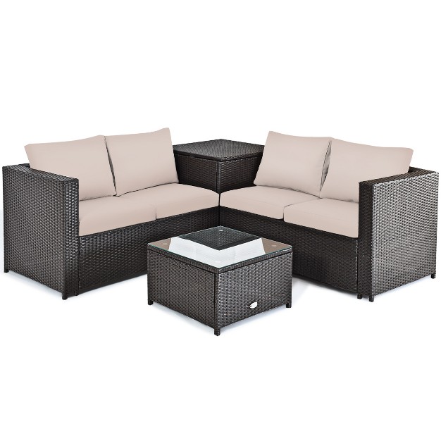 Tangkula 4 Pcs Patio Rattan Furniture Set Wicker Conversation Set W storage Box