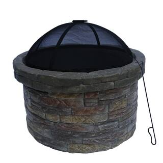 Teamson Home 27 in. Outdoor Round Stone Wood Burning Fire Pit in Gray with Cover HR22818AA