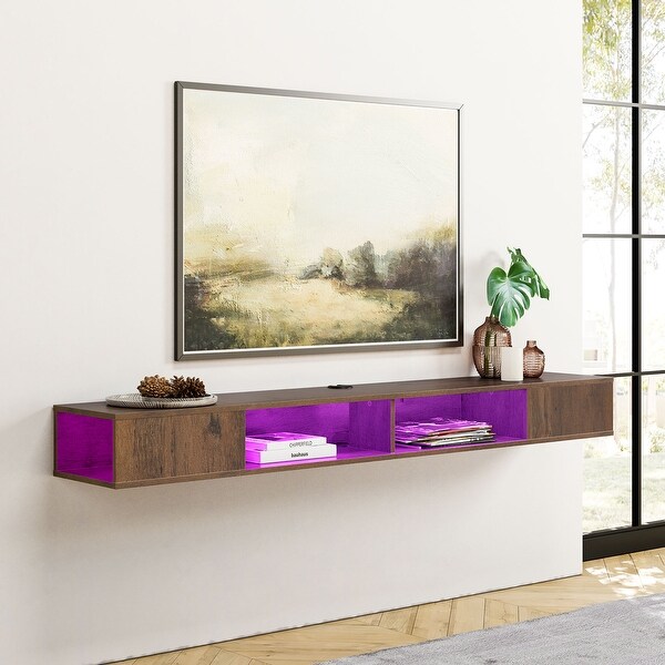 Floating Wall Mounted TV Stand with Storage， Brown， 70 Inch