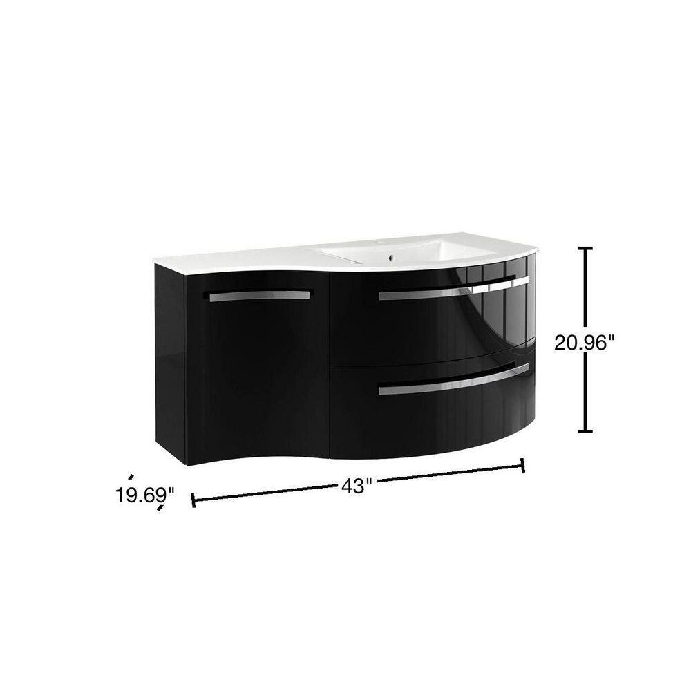 LaToscana Ameno 43 in. W x 20 in. D x 20.5 in. H Floating Bath Vanity with Left Cabinet in Glossy Black with White Tekorlux Top AM43OPT2B